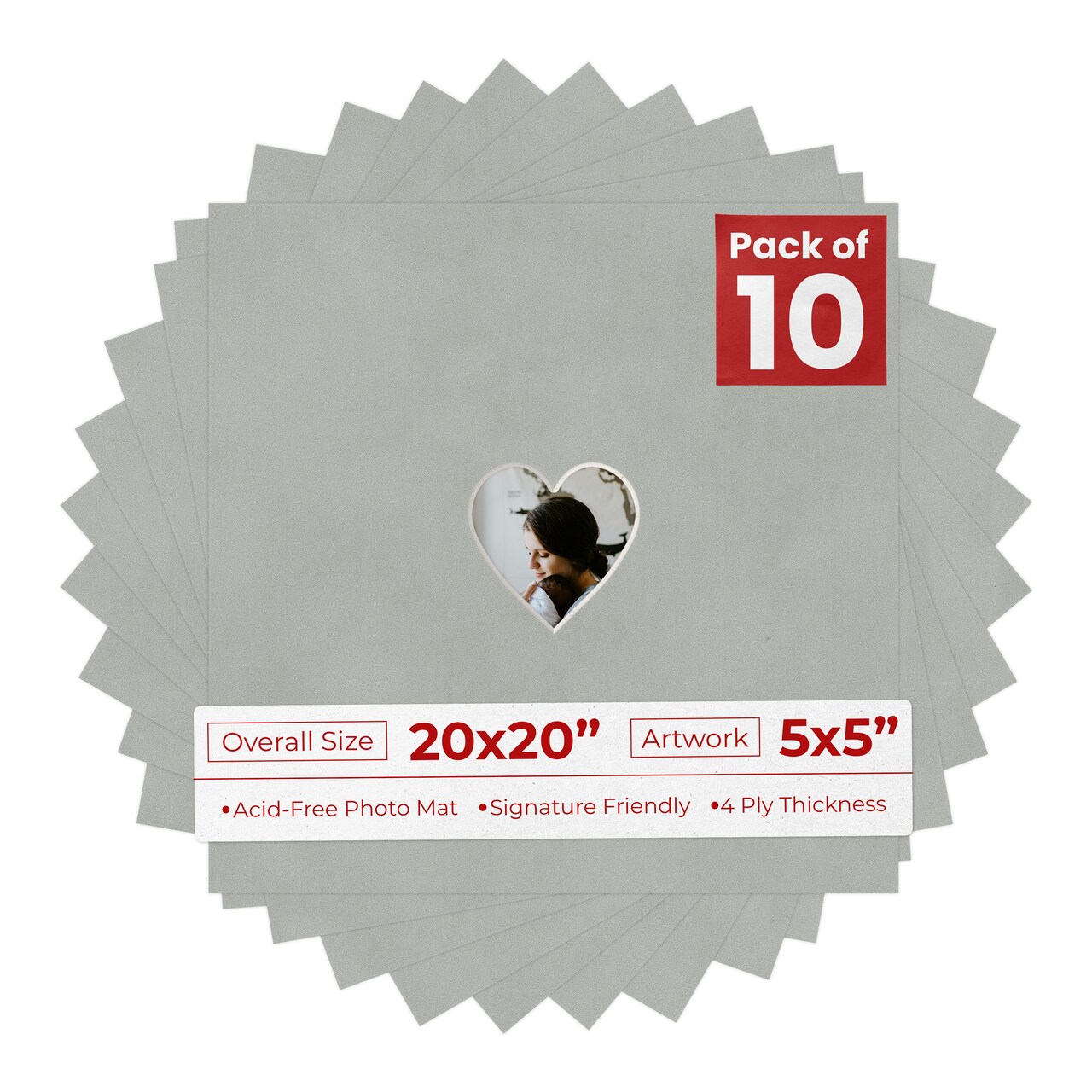 Light Grey Suede Mat Board for 20x20 Frames - Heart Opening for 5x5 Photos